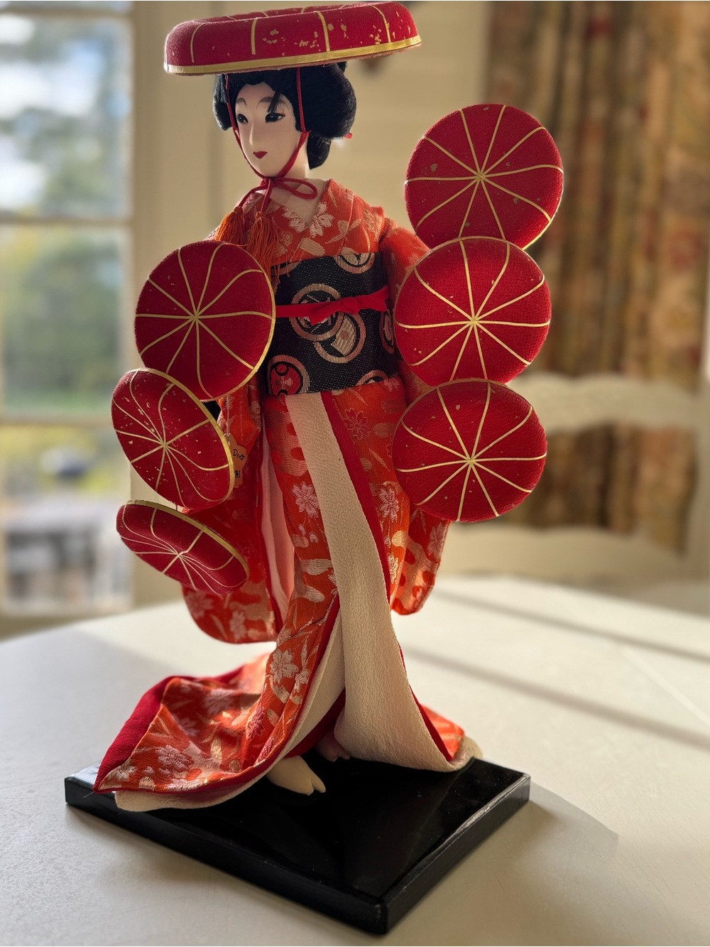 Vintage Japanese Sakura Doll Maiko Dancer 15.5”, 7 Red Hat Dance Kabuki Geisha